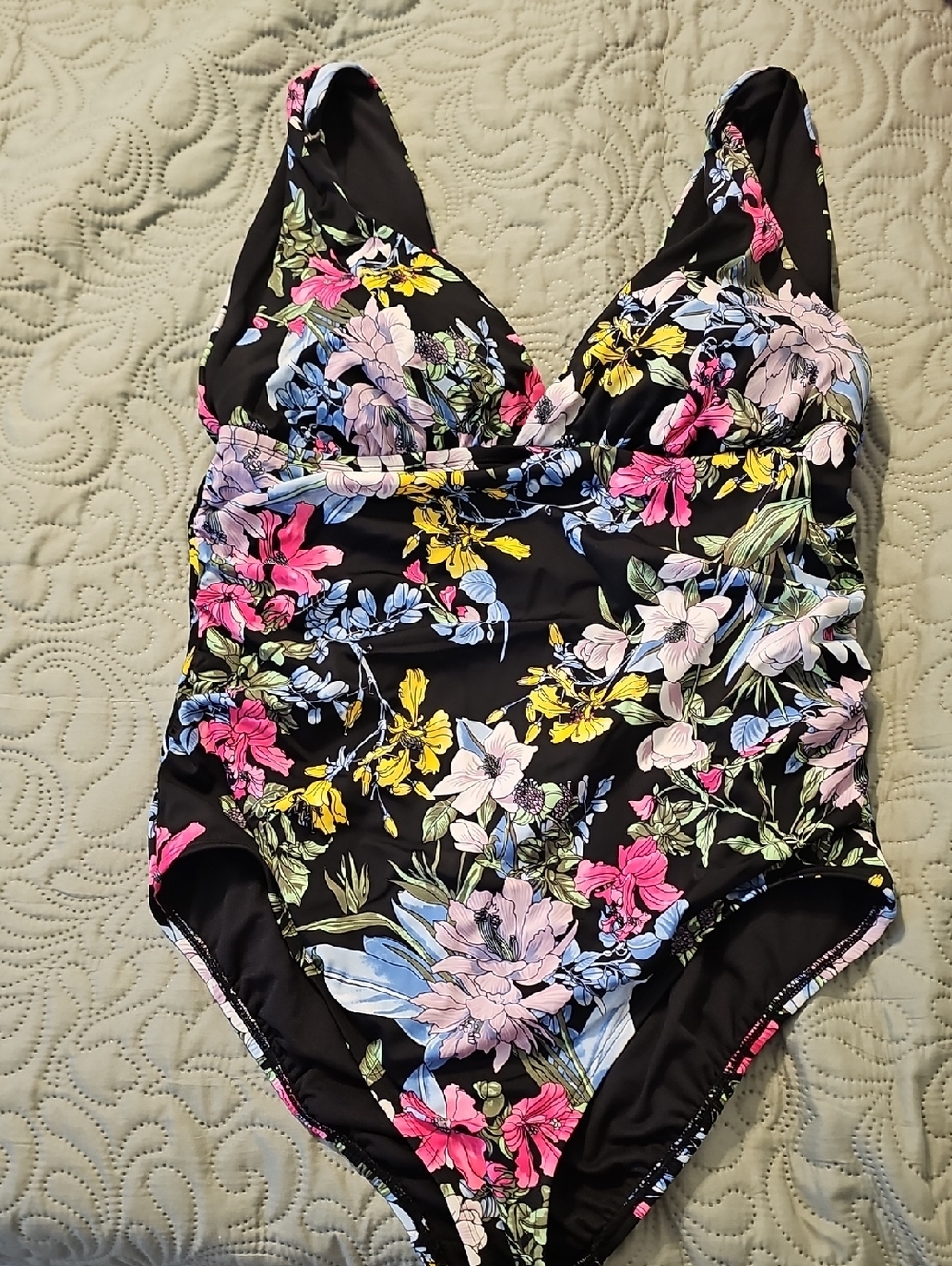 Time and Tru Black 1 Piece Swimwear with Multicolor Floral Accents